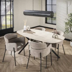 5er Set Essgruppe Esstisch Arch 180 Travertin Keramik Metallbeine + 4 Stühle Boucle