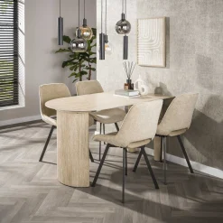 5er Set Essgruppe Half Arch 140 Travertin + 4 Drehstuhl Esszimmerstuhl Swivel