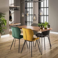 Essgruppe Baumkante Massiv Palu 130 + 4 Stühle Velvet Samt Gold