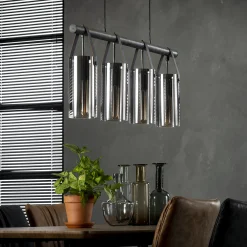 Hängelampe Cambridge Glas Chrom 4 Schirme Altsilber Leder