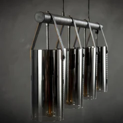 Hängelampe Cambridge Glas Chrom 4 Schirme Altsilber Leder