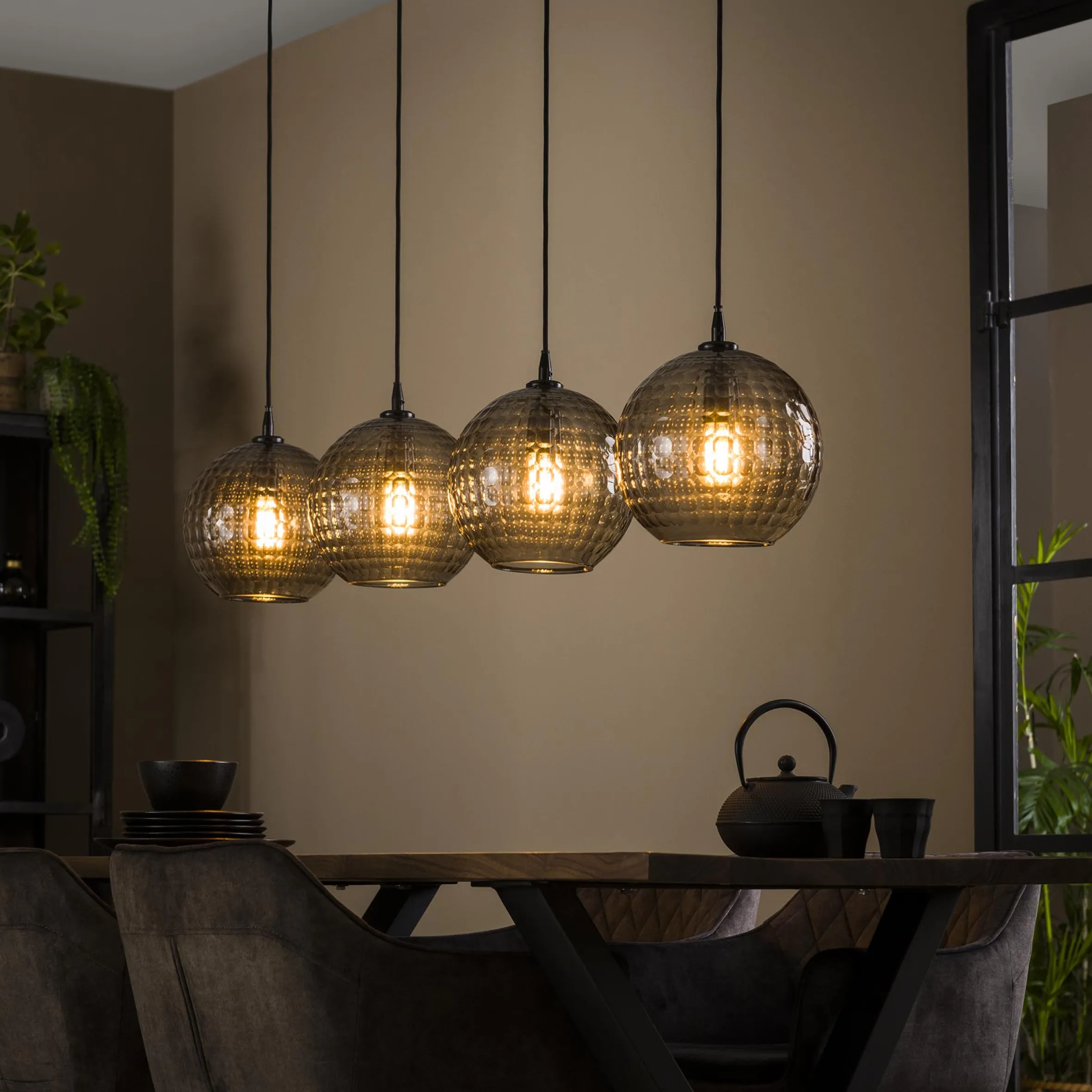 Hängelampe Retro Hexagon Rund 4 Glasschirme Cozy Smoke