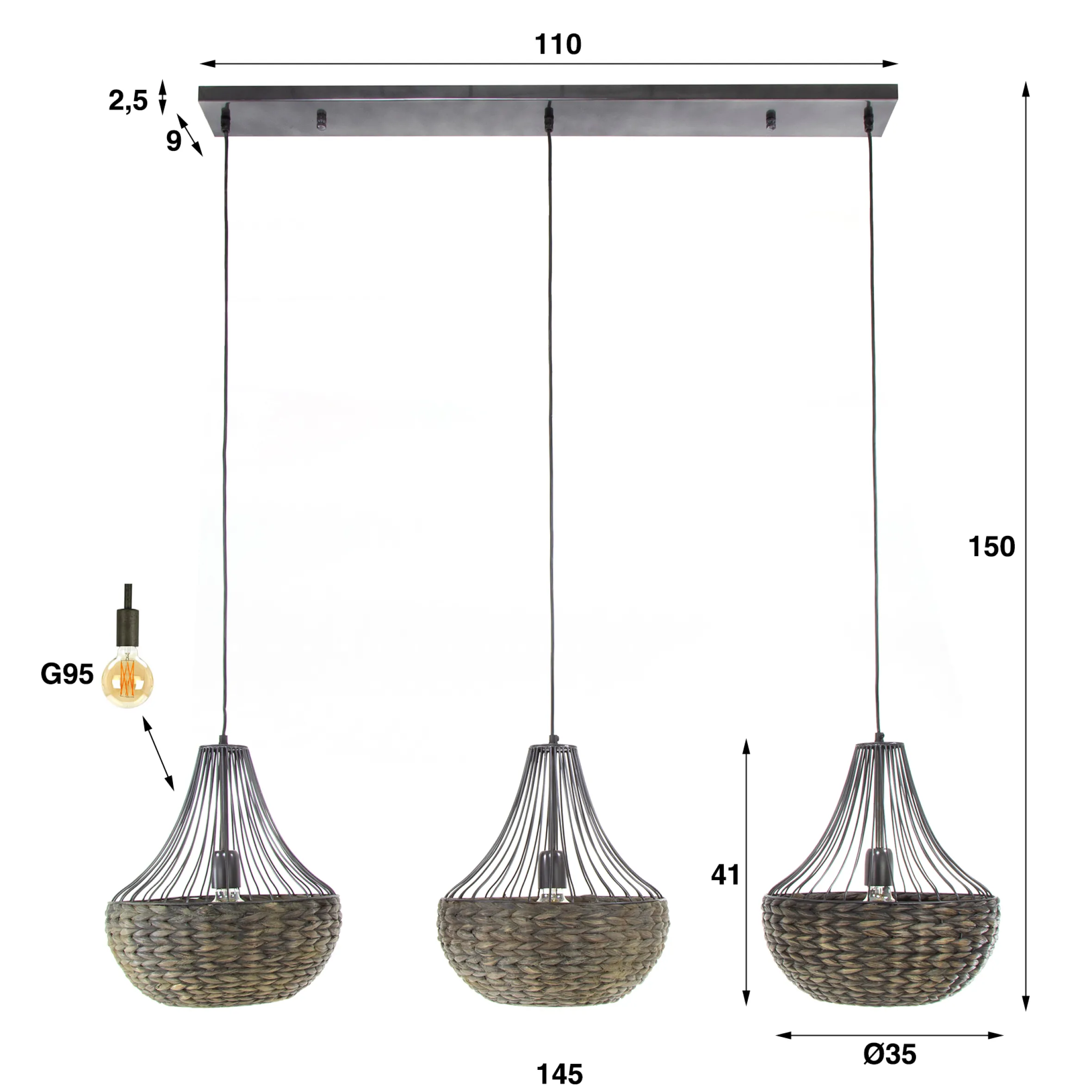 Hängelampe Vintage 3er Kegel Geflochten