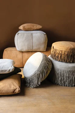 Hocker Leder Carla Pouf Camel Fransen 50 Ø