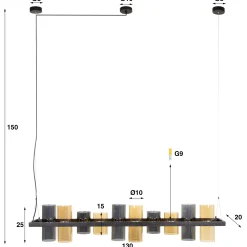 Industrial Hängelampe 10 Zylinder Rauchglas Bernsteinglas Metallrahmen