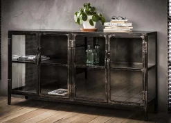 Industrial Sideboard Rift Gun Metall Glas 4türig Vitrine Used-Look