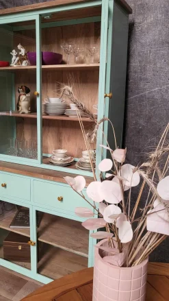 Landhaus Vitrine Küchenbuffet Provence Vintage Metall Holz Azure 200