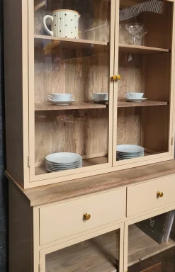 Landhaus Vitrine Küchenbuffet Provence Vintage Metall Holz Champagner 200