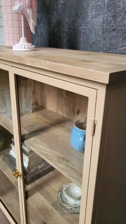 Landhaus Vitrine Provence Vintage Metallkorpus Holz Champagner 130