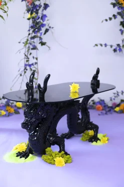 Retro Beistelltisch Couchtisch Dragonized Rauchglasplatte