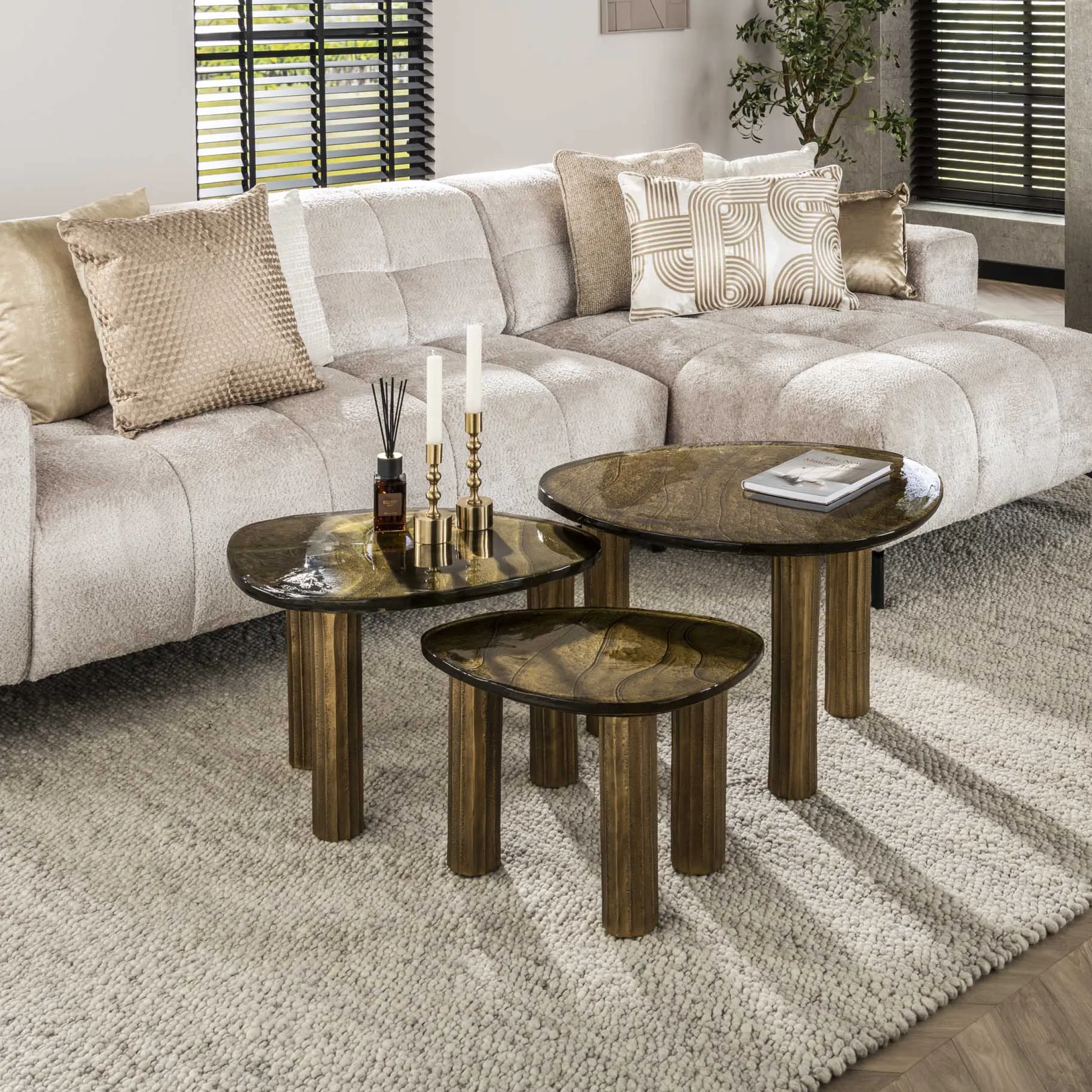 Retro Beistelltische Eclipse Glas Metall Dreibeinig Antik-Gold S