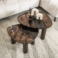 Retro Beistelltische Eclipse Glas Metall Dreibeinig Antik-Kupfer S