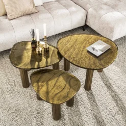 Retro Beistelltische Eclipse Glas Metall Dreibeinig Antik-Gold L