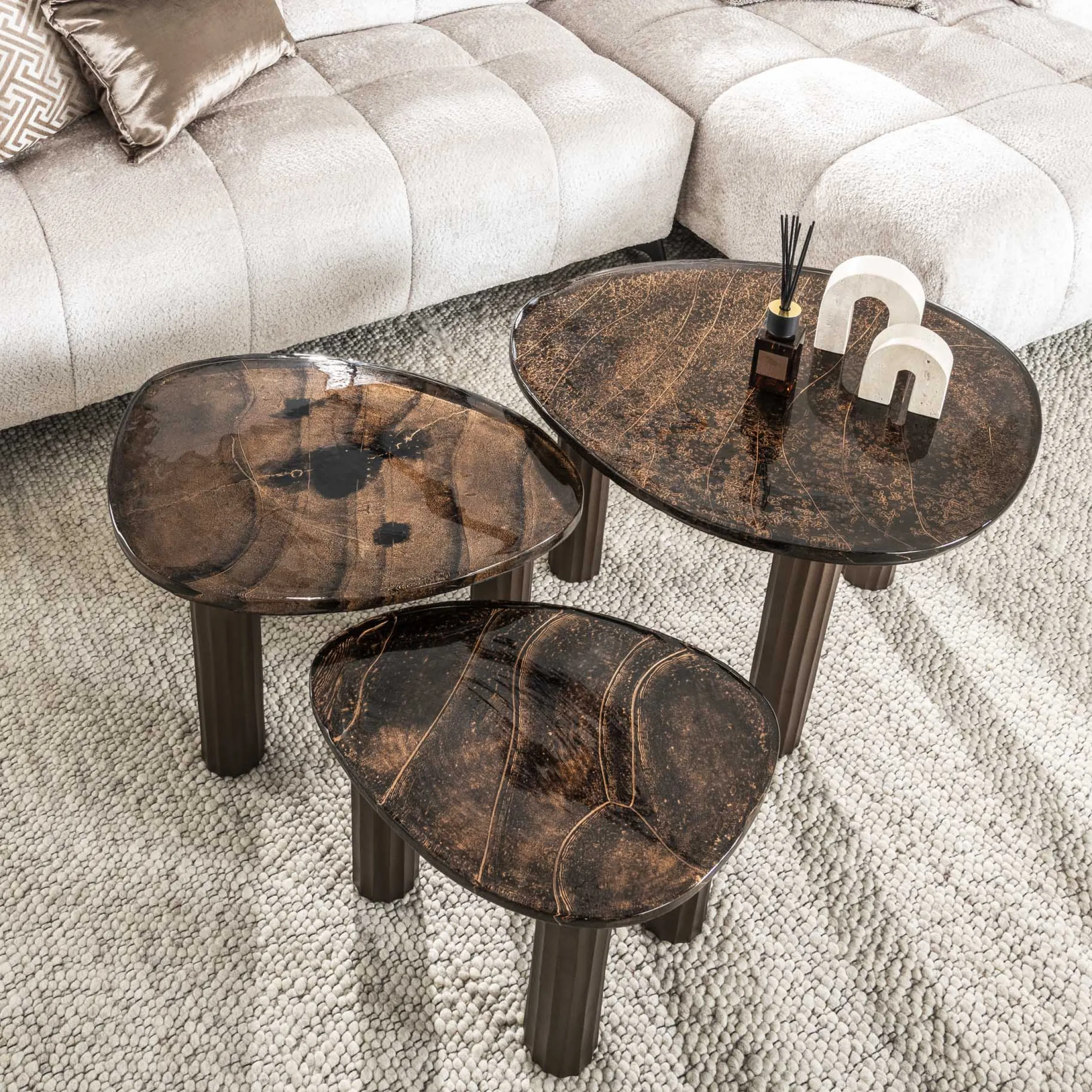 Retro Beistelltische Eclipse Glas Metall Dreibeinig Antik-Kupfer M