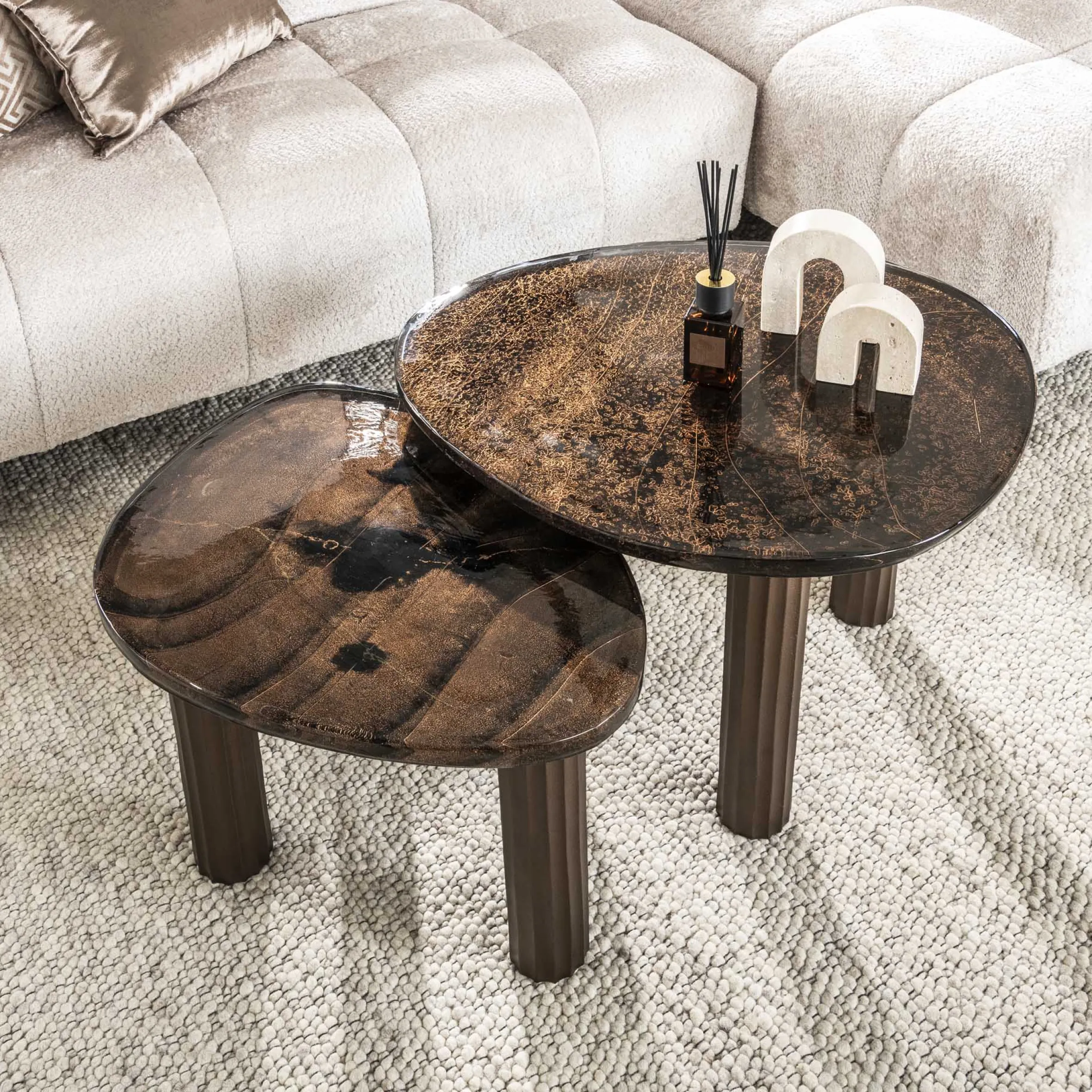 Retro Beistelltische Eclipse Glas Metall Dreibeinig Antik-Kupfer M