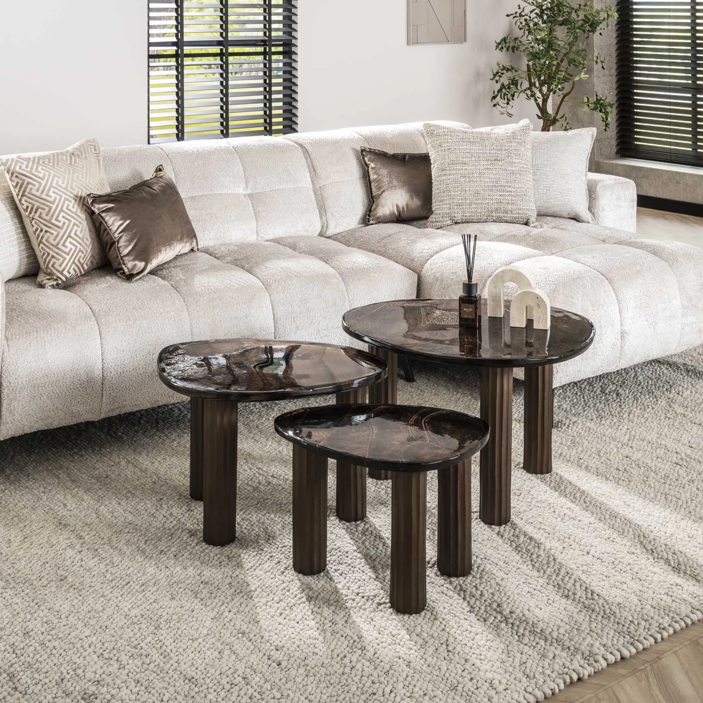 Retro Beistelltische Eclipse Glas Metall Dreibeinig Antik-Kupfer M