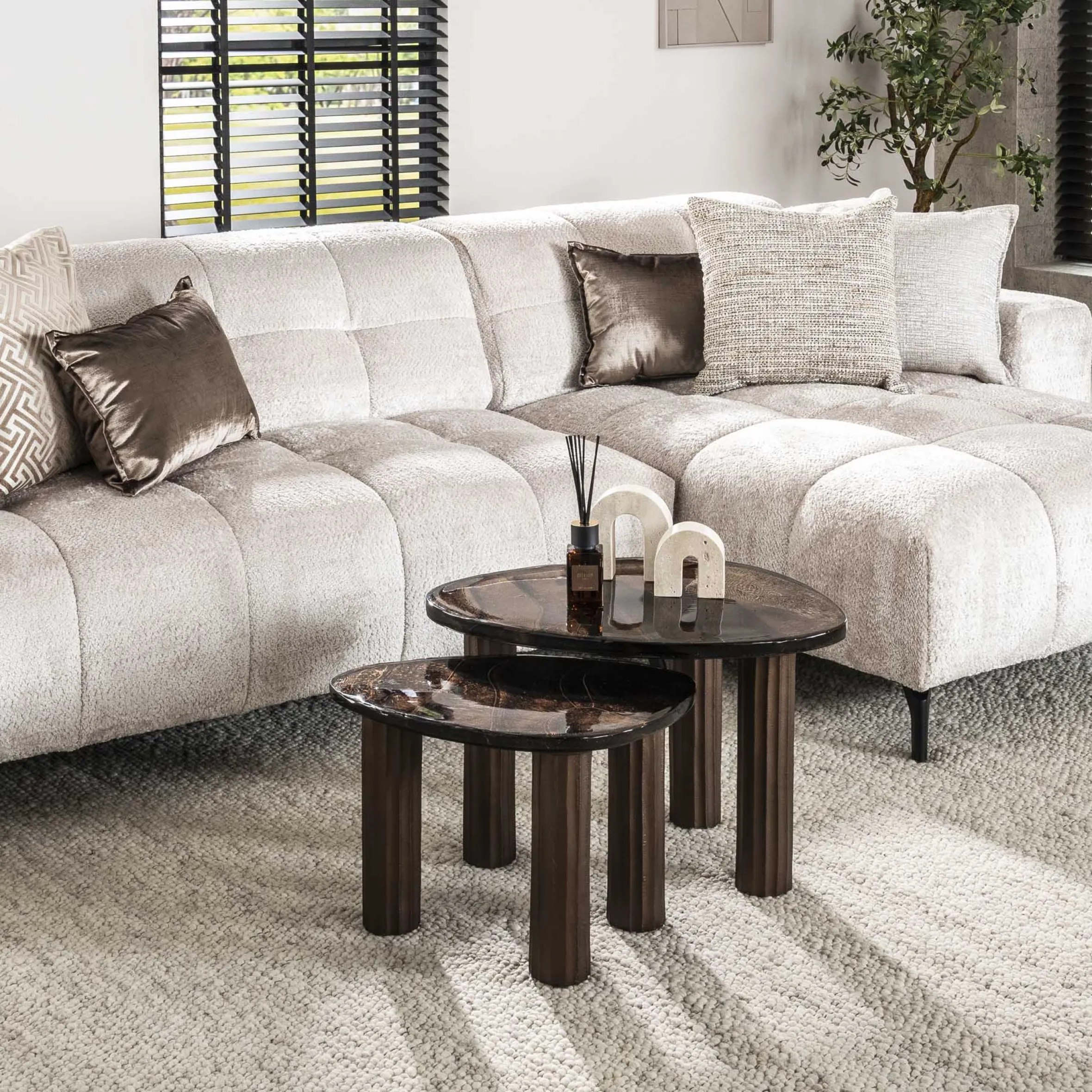 Retro Beistelltische Eclipse Glas Metall Dreibeinig Antik-Kupfer M