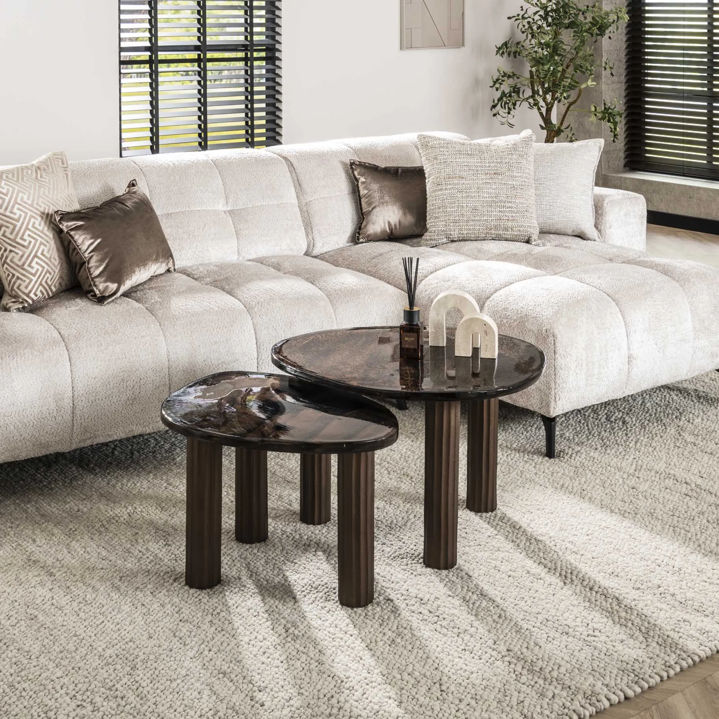 Retro Beistelltische Eclipse Glas Metall Dreibeinig Antik-Kupfer M