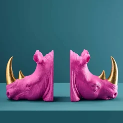 Retro Buchstützen Set Pop-Art Nashorn Pink Gold