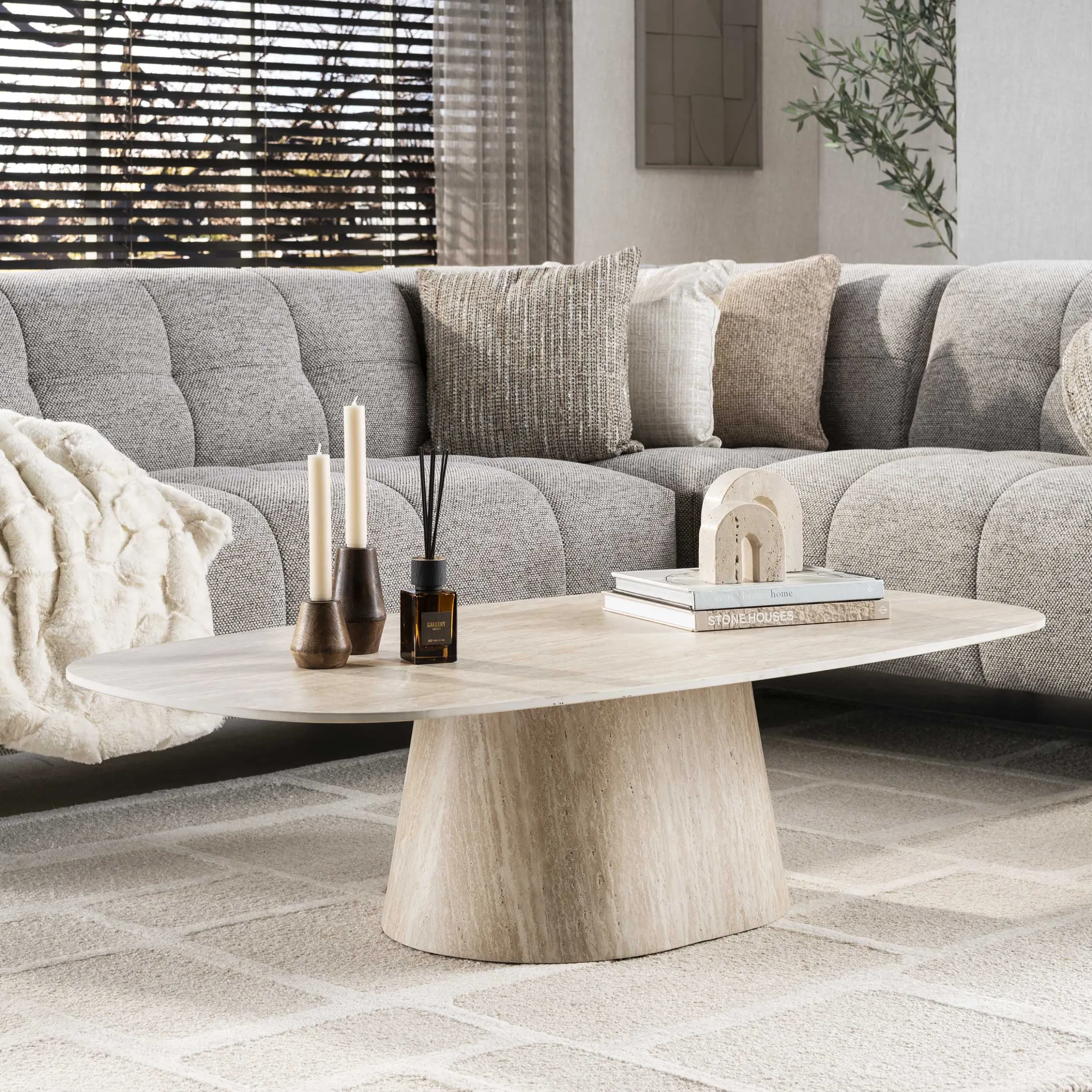 Retro Couchtisch Centro 135 Travertin Keramik Oval