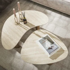 Retro Couchtisch 2er Set Romano Travertin Keramik Organic Shape