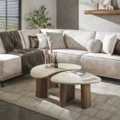 Retro Couchtisch 2er Set Romano Travertin Keramik Organic Shape