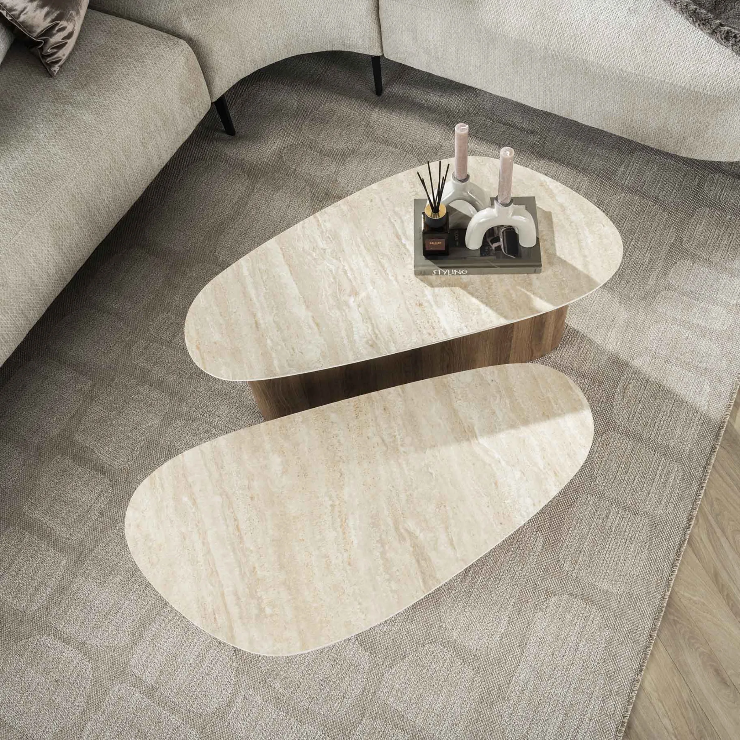 Retro Couchtisch Nierentische 2er Set Romano Travertin Keramik