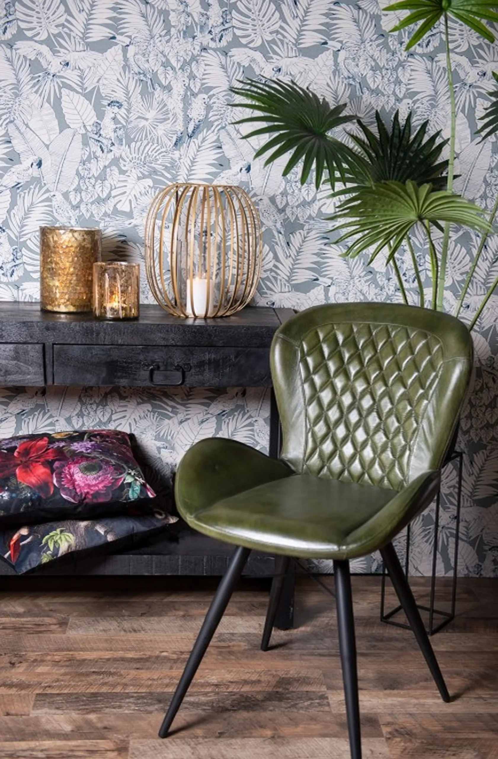 Retro Lederstuhl Esszimmerstuhl Green Rautensteppung Metall