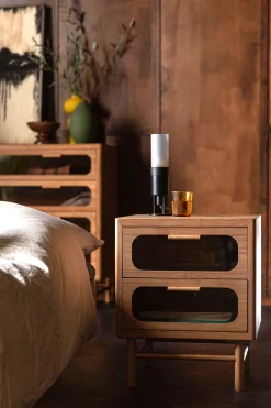 Retro Nachttisch Beistelltisch Caroun Bambus Rauchglas