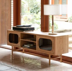 Retro TV-Board Sideboard Caroun Bambus Rauchglas