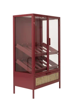 Retro Weinregal Barschrank Vitrine Mori Rot Rattangeflecht
