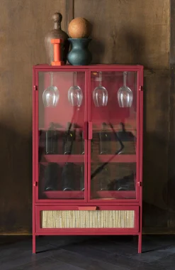 Retro Weinregal Barschrank Vitrine Mori Rot Rattangeflecht