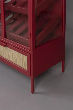 Retro Weinregal Barschrank Vitrine Mori Rot Rattangeflecht
