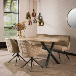 Set Esstischbank Polsterbank Pull Raute + 2 Armlehnstühle Samt Champagner