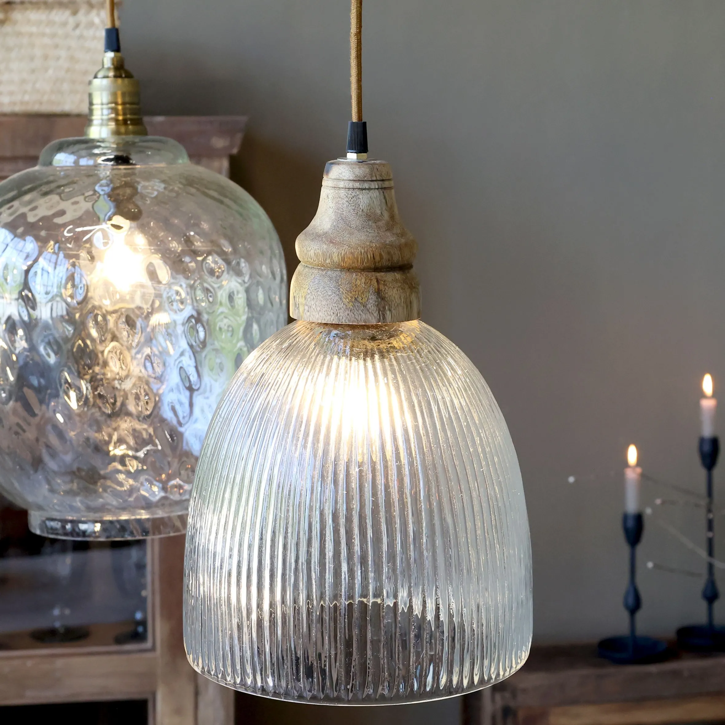 Vintage Hängelampe Maison De Campagne Glas Mangoholz Glockenform