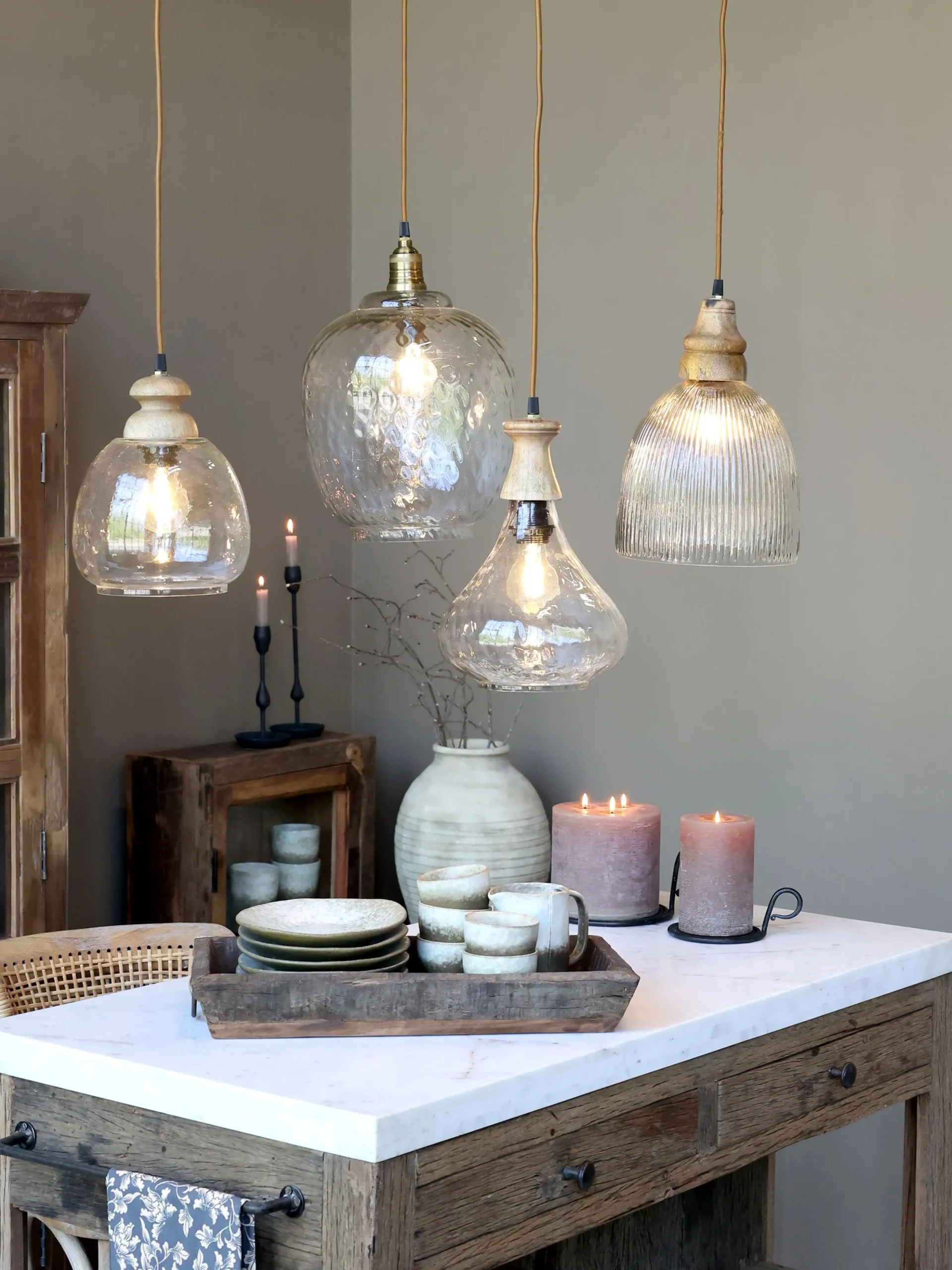 Vintage Hängelampe Maison De Campagne Glas Mangoholz Tropfen