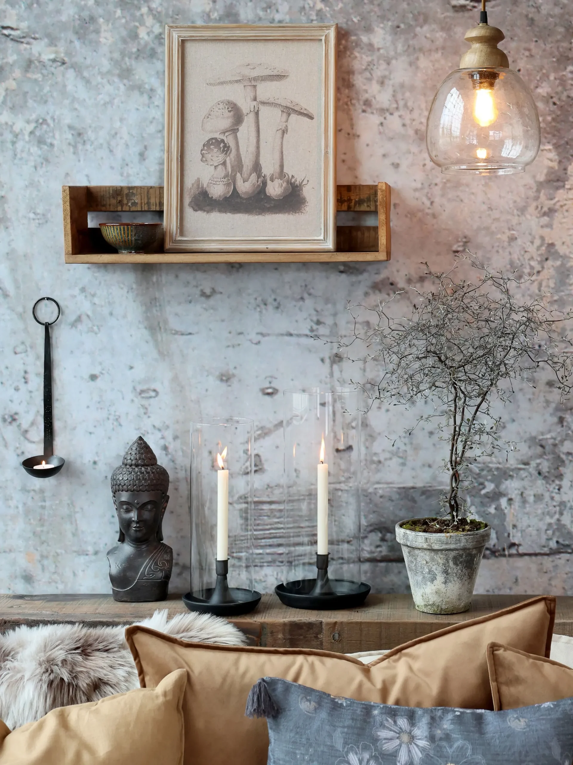 Vintage Hängelampe Maison De Campagne Glas Mangoholz Rund