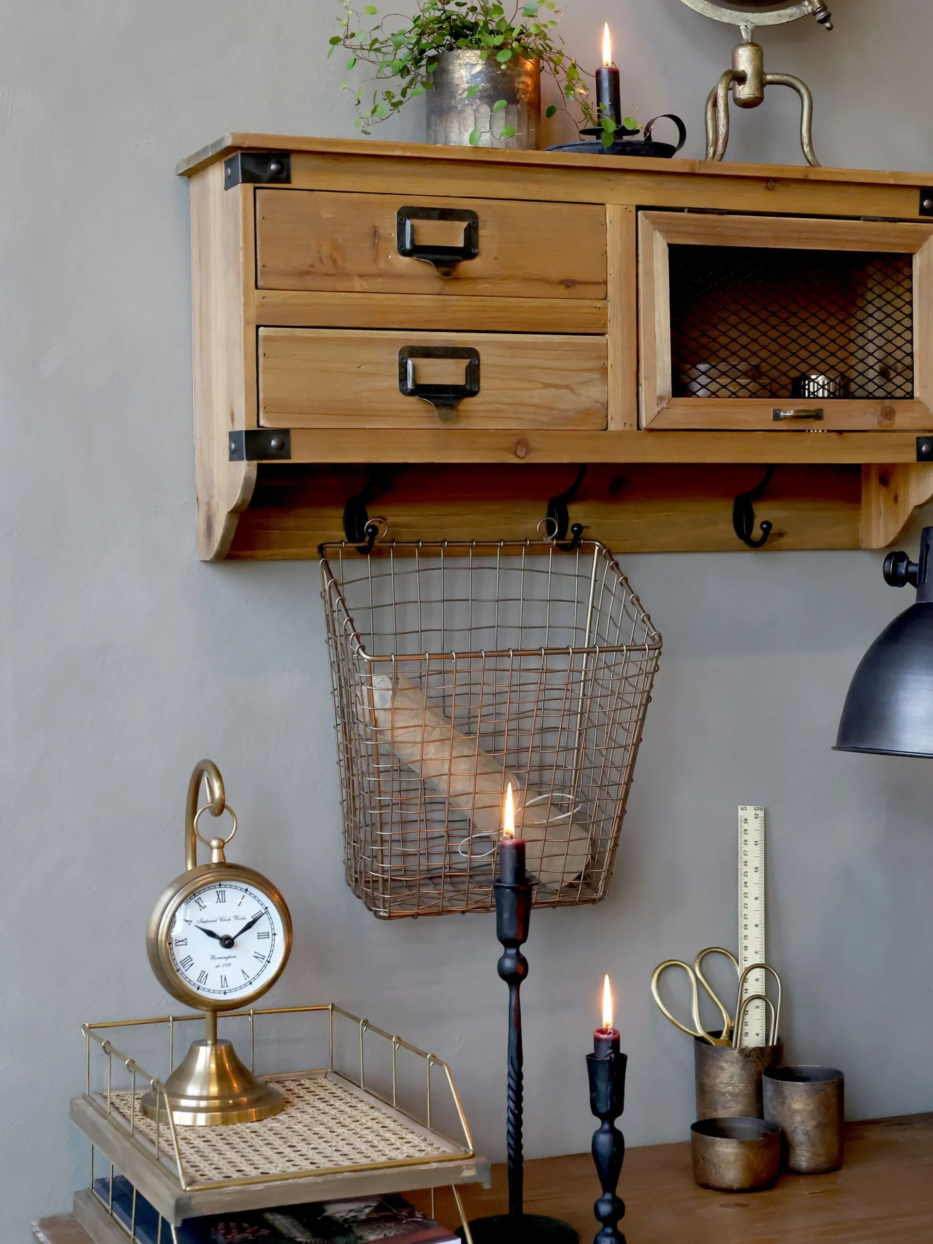 Vintage Wandregal Etienne 2 Schubladen, Fach und 3 Haken