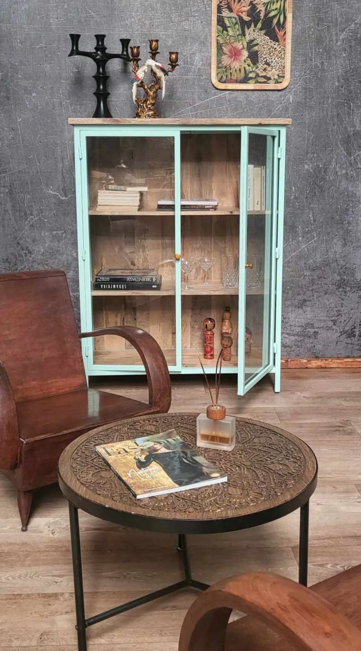 Vitrine Provence Vintage Metallkorpus Holz Azure 130